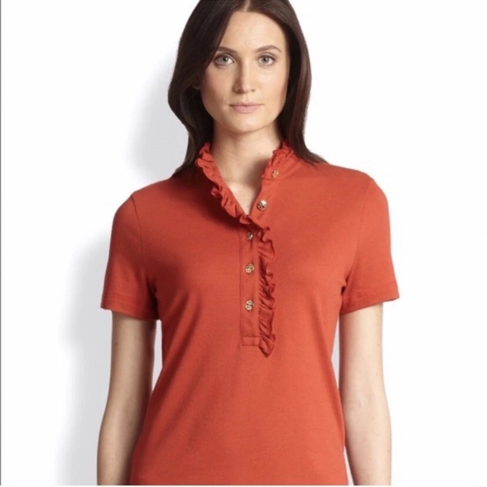 Tory Burch Lidia Ruffled Polo  Small S Short Sleeve Top Jasper Red Orange